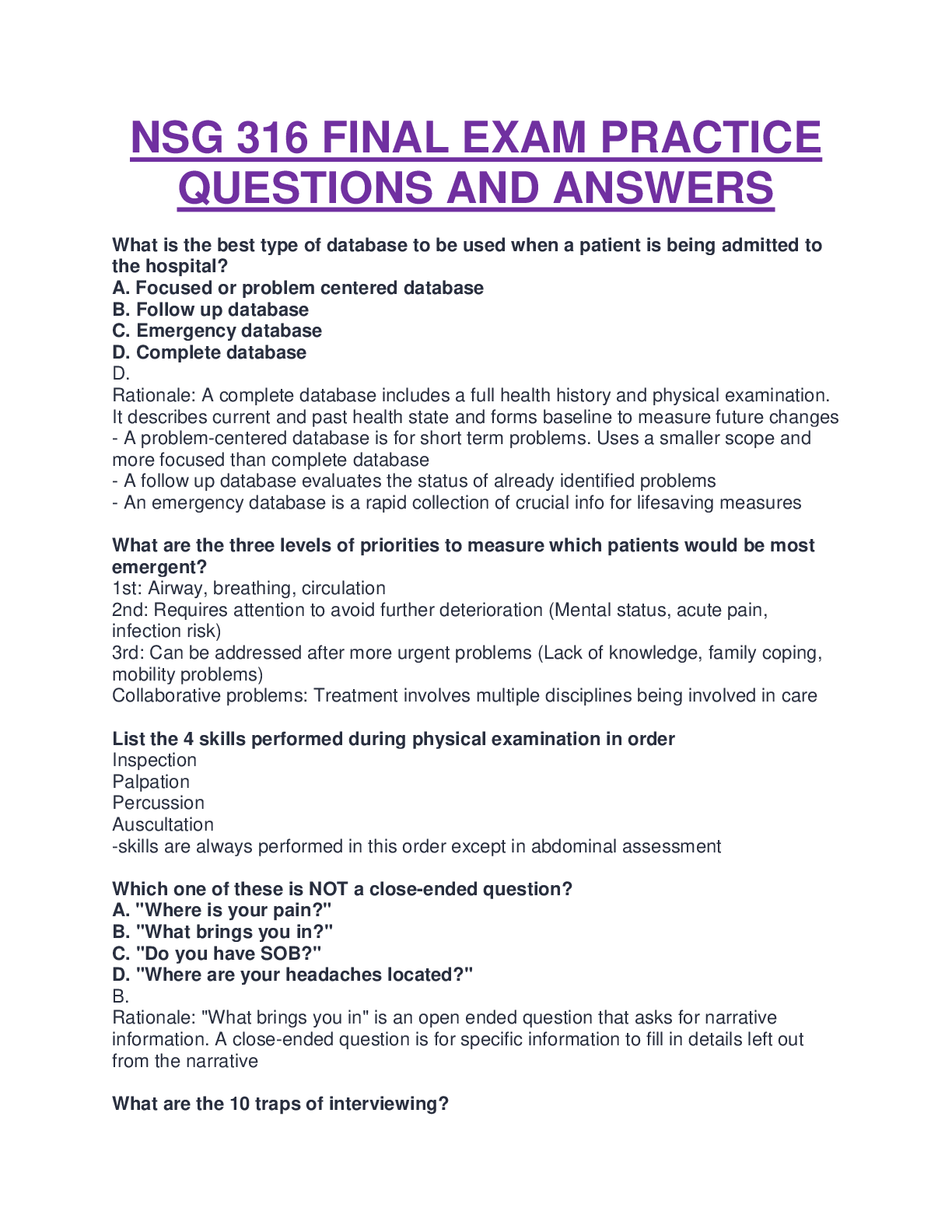 Preview image for SOUTH UNIVERSITY NSG PRACTICE EXAM QUESTIONS AND ANSWERS